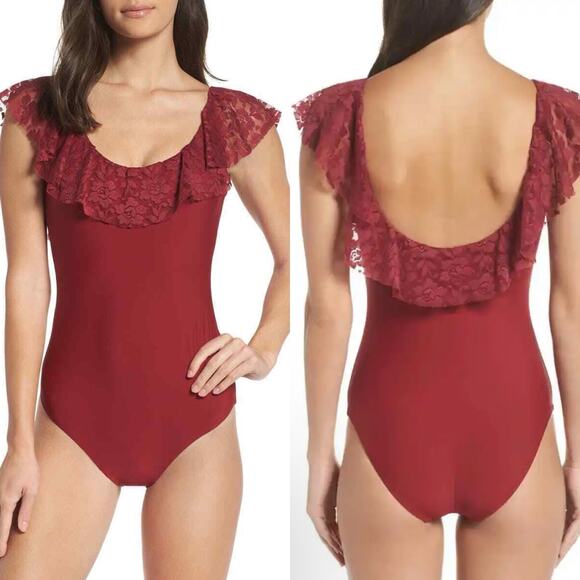 Chelsea28 Capri Ruffle Lace One-Piece Swimsuit Red Rumba Women's XL NWOT - Picture 1 of 12